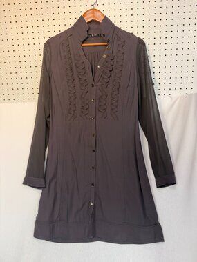 Yest Dress M Charcoal Grey Ruffle Button Front Sheer Sleeve Knit Mini Tunic